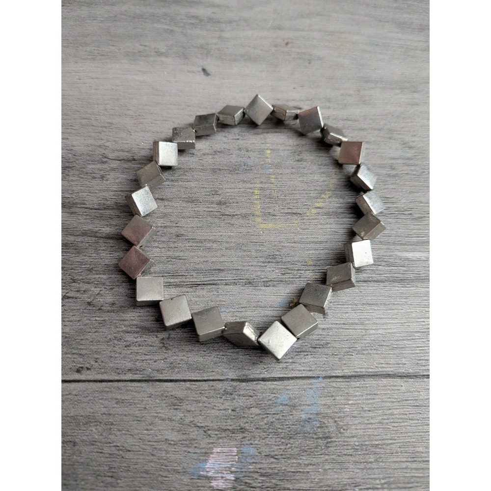 Modernist Silver Tone Cube Bead Stretch Bracelet Minimalist Geometric Jewelry